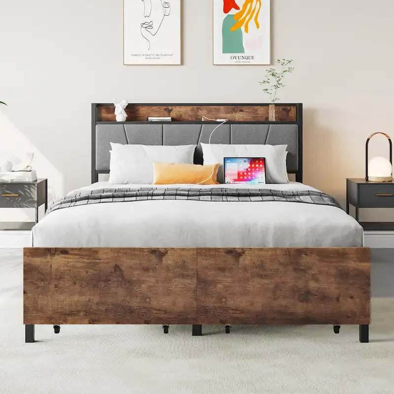 Full Size Bed with Storage Headboard, Two Drawers &Charging Station