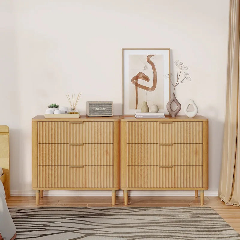 Moasis Modern Fluted 3-Drawer Dresser Chest of Drawers Natural Oak