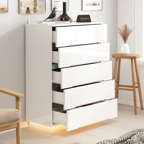 31.5 High Gloss Chest With Light Chest w/5 Drawers&Spacious Tabletop