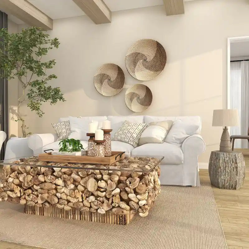 Joli tabouret en bois contemporain avec incrustation de coquillage