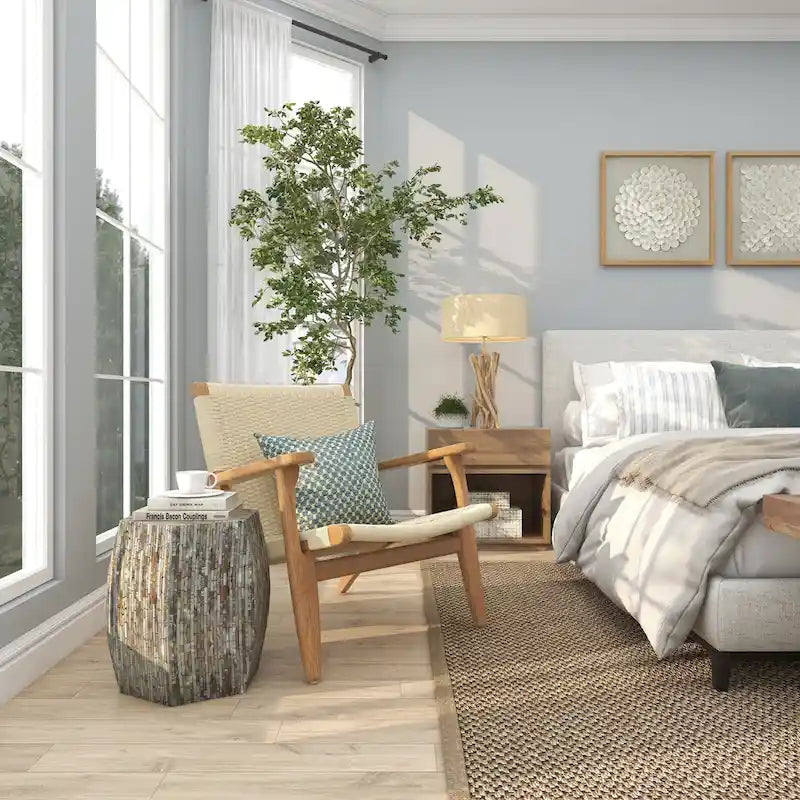 Joli tabouret en bois contemporain avec incrustation de coquillage