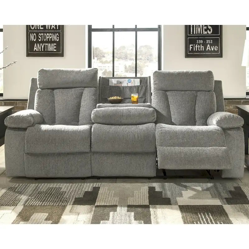 Mitchiner Gray Contemporary Reclining Sofa with Drop Down Table