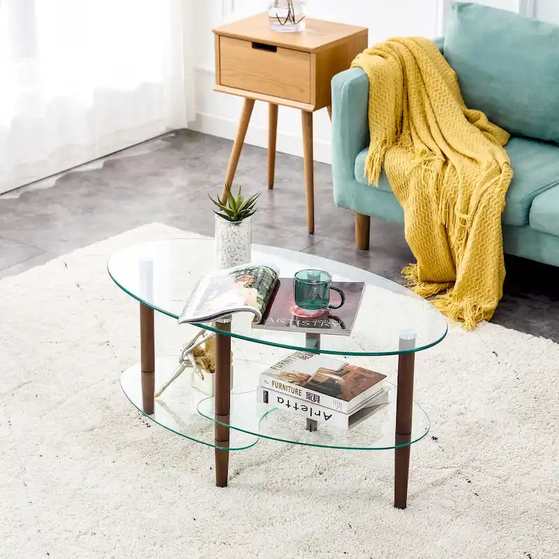 Oval glass coffee table, Transparent coffee table, modern table in living room with Oak wood legs, tea table
