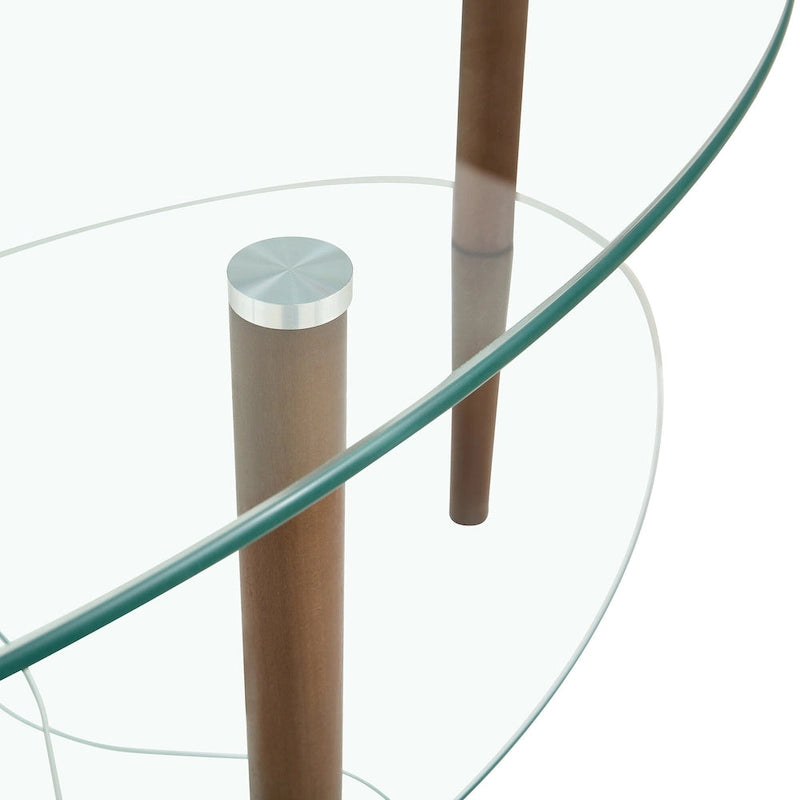 Table basse ovale en verre, Table basse transparente, table moderne de salon avec pieds en bois de chêne, table à thé