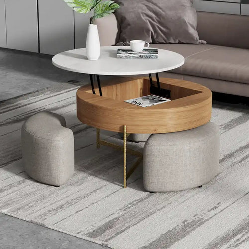31.5 Modern Round Lift-Top Coffee Table Set with Storage & 3 Ottomans