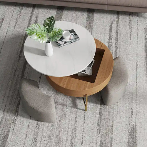 Table basse relevable ronde moderne de 80 cm avec rangement et 3 poufs