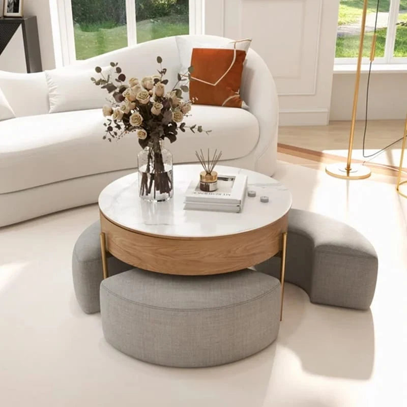 Table basse relevable ronde moderne de 80 cm avec rangement et 3 poufs