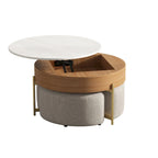 Table basse relevable ronde moderne de 80 cm avec rangement et 3 poufs