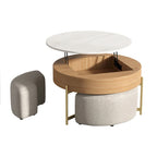 Table basse relevable ronde moderne de 80 cm avec rangement et 3 poufs