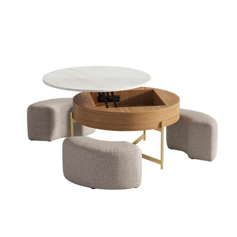 Table basse relevable ronde moderne de 80 cm avec rangement et 3 poufs