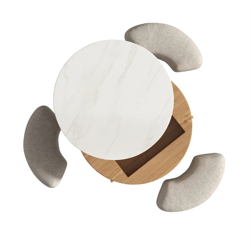 Table basse relevable ronde moderne de 80 cm avec rangement et 3 poufs