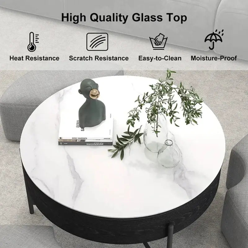 Table basse relevable ronde moderne de 80 cm avec rangement et 3 poufs