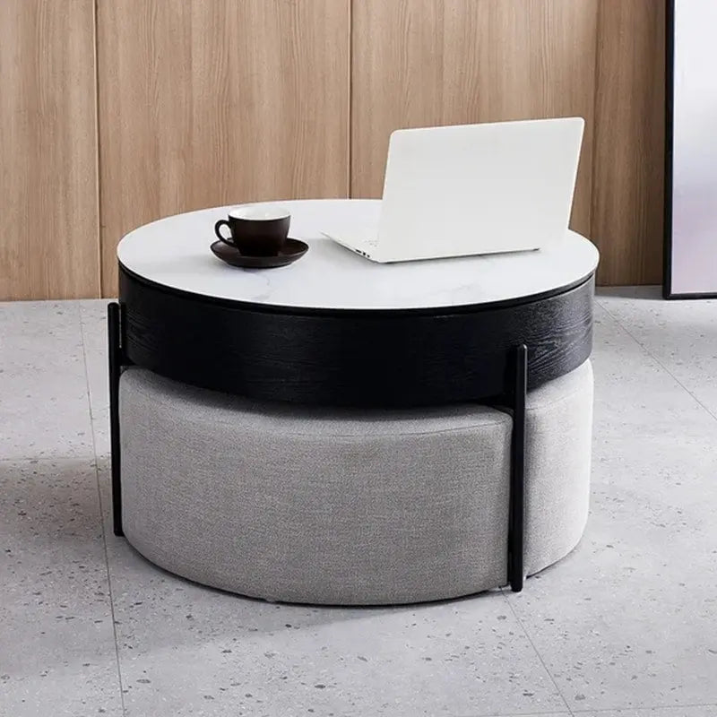 Table basse relevable ronde moderne de 80 cm avec rangement et 3 poufs