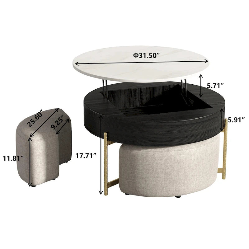Table basse relevable ronde moderne de 80 cm avec rangement et 3 poufs
