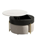 Table basse relevable ronde moderne de 80 cm avec rangement et 3 poufs