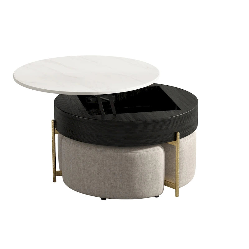 Table basse relevable ronde moderne de 80 cm avec rangement et 3 poufs