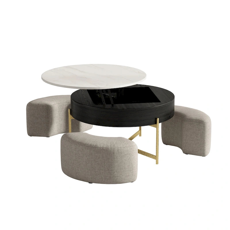 Table basse relevable ronde moderne de 80 cm avec rangement et 3 poufs
