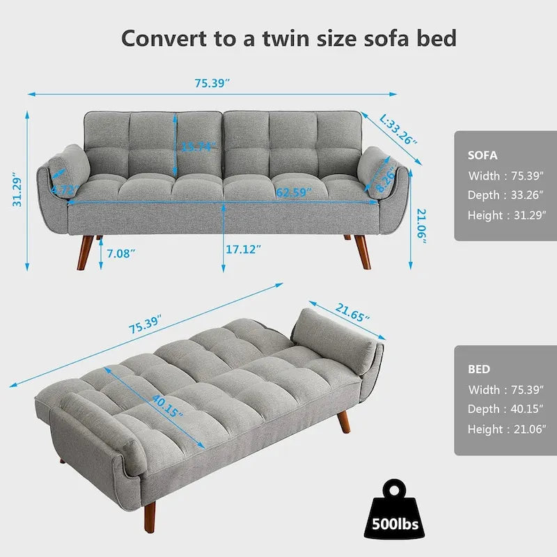 75.39 Canapé-lit Futon, Canapé Futon Pliant Convertible Transat Inclinable Pour Salon Avec 2 Oreillers/Accoudoirs