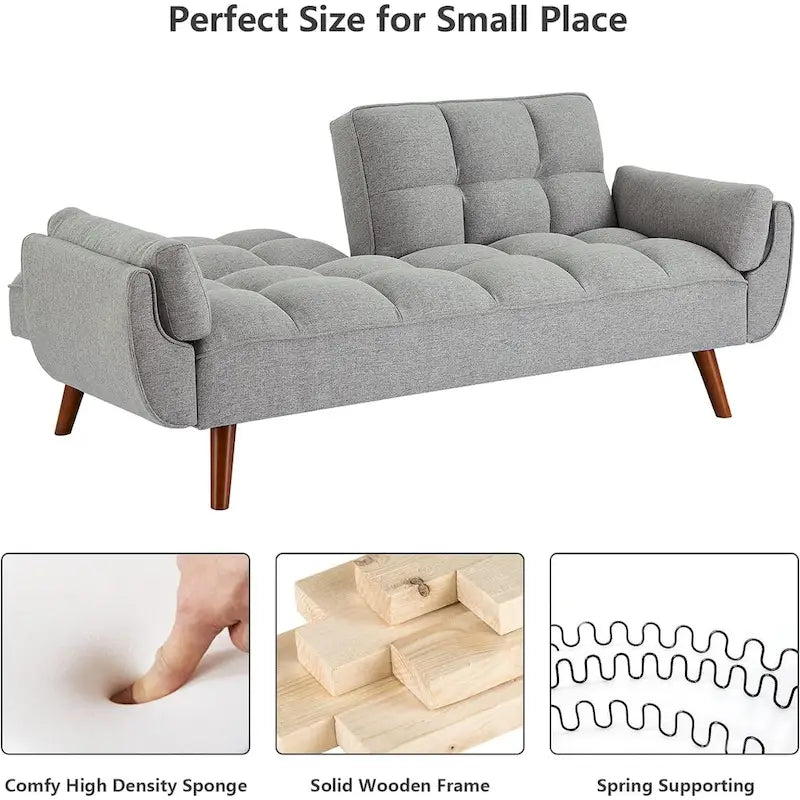 75.39 Canapé-lit Futon, Canapé Futon Pliant Convertible Transat Inclinable Pour Salon Avec 2 Oreillers/Accoudoirs