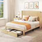 Queen Upholstered Bed Frame with Storage Drawers Headboard Built-in 4 USB Platform Bed