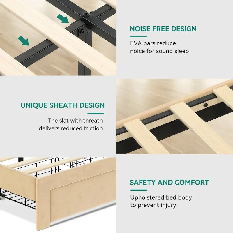 Cadre de lit Queen rembourré avec tiroirs de rangement Tête de lit intégrée 4 ports USB Lit plateforme