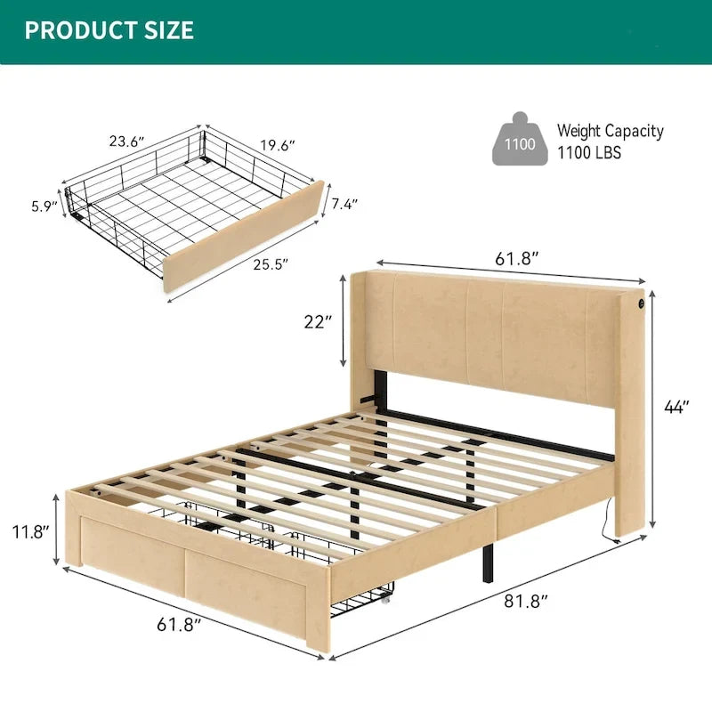 Cadre de lit Queen rembourré avec tiroirs de rangement Tête de lit intégrée 4 ports USB Lit plateforme