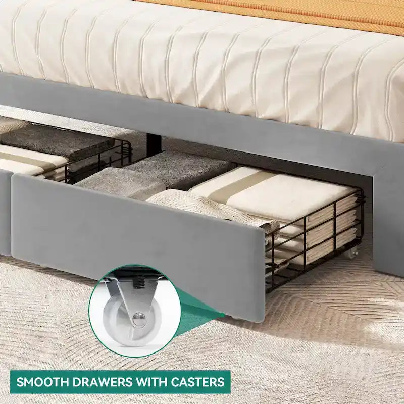 Cadre de lit Queen rembourré avec tiroirs de rangement Tête de lit intégrée 4 ports USB Lit plateforme