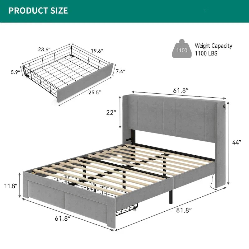 Cadre de lit Queen rembourré avec tiroirs de rangement Tête de lit intégrée 4 ports USB Lit plateforme