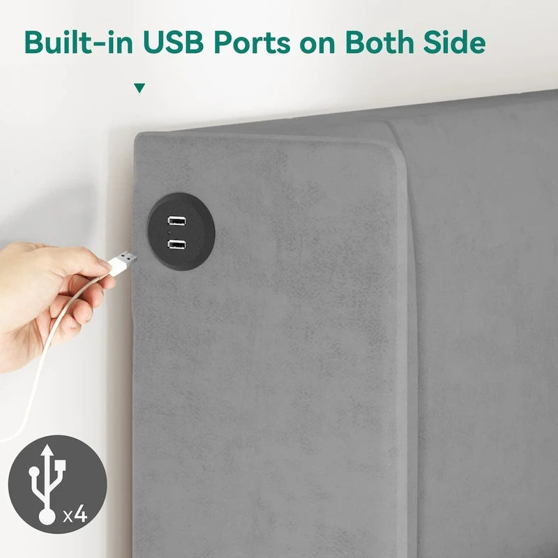 Cadre de lit Queen rembourré avec tiroirs de rangement Tête de lit intégrée 4 ports USB Lit plateforme