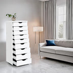 Étroite commode en bois à 9 tiroirs coulissants et étagère de rangement supérieure