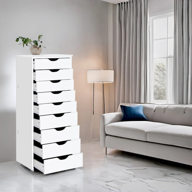 Étroite commode en bois à 9 tiroirs coulissants et étagère de rangement supérieure