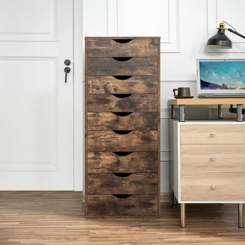 Étroite commode en bois à 9 tiroirs coulissants et étagère de rangement supérieure