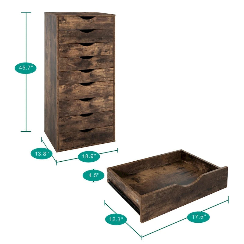 Étroite commode en bois à 9 tiroirs coulissants et étagère de rangement supérieure
