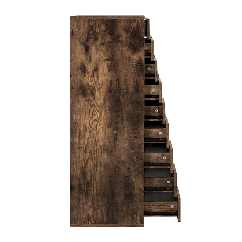 Étroite commode en bois à 9 tiroirs coulissants et étagère de rangement supérieure