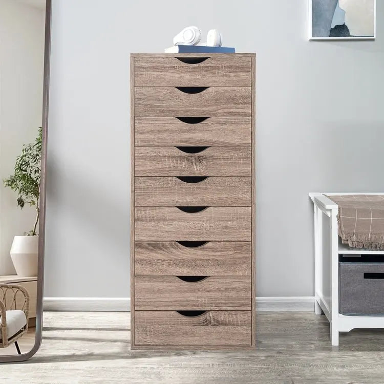 Étroite commode en bois à 9 tiroirs coulissants et étagère de rangement supérieure