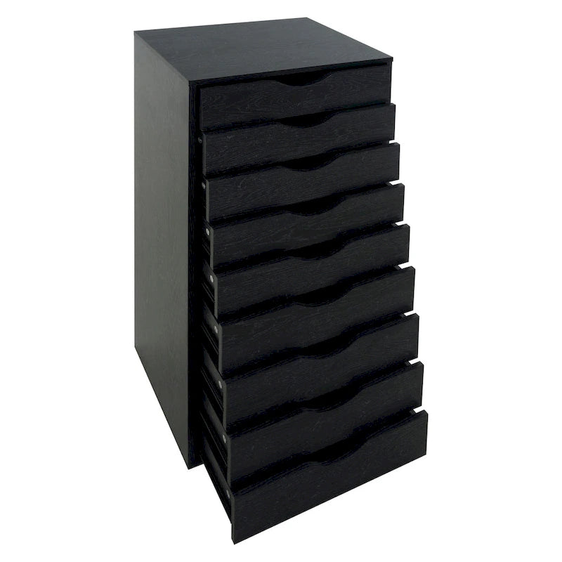 Étroite commode en bois à 9 tiroirs coulissants et étagère de rangement supérieure