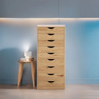 Étroite commode en bois à 9 tiroirs coulissants et étagère de rangement supérieure