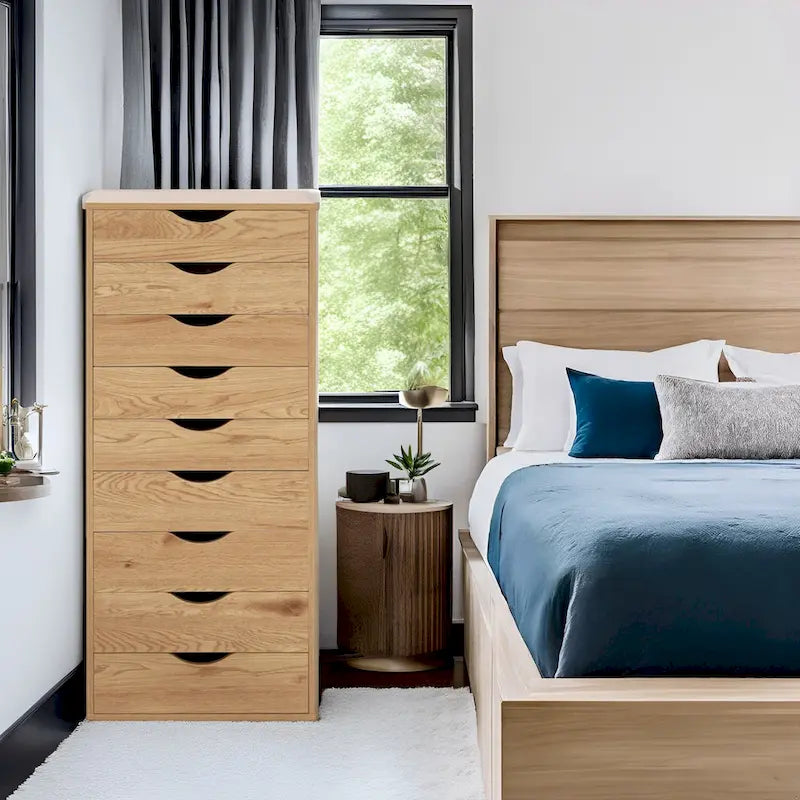 Étroite commode en bois à 9 tiroirs coulissants et étagère de rangement supérieure