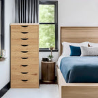 Étroite commode en bois à 9 tiroirs coulissants et étagère de rangement supérieure