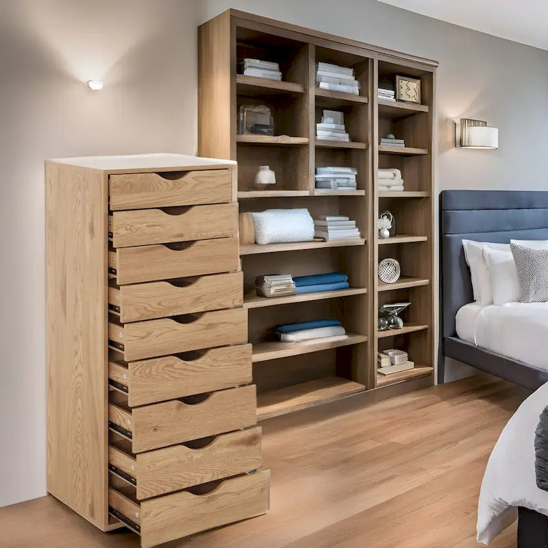 Étroite commode en bois à 9 tiroirs coulissants et étagère de rangement supérieure