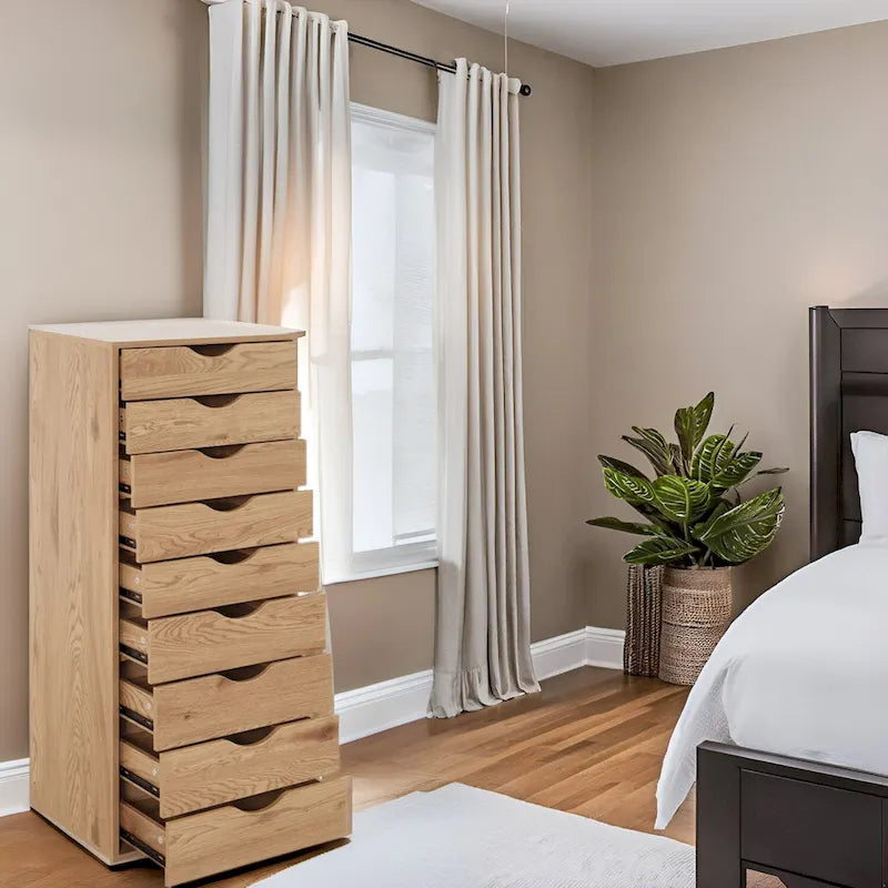 Étroite commode en bois à 9 tiroirs coulissants et étagère de rangement supérieure