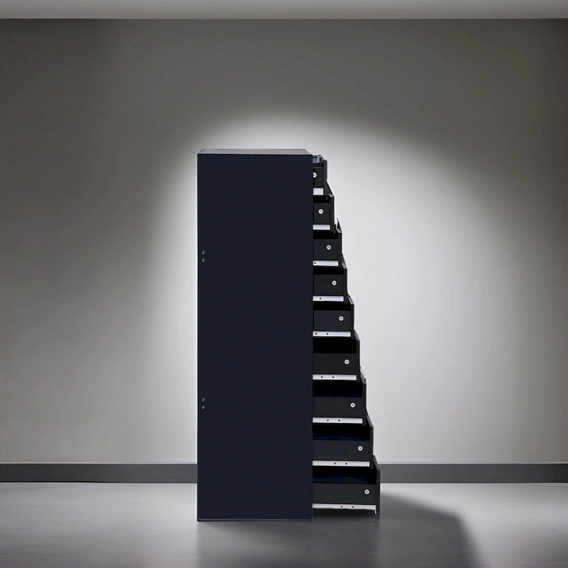 Étroite commode en bois à 9 tiroirs coulissants et étagère de rangement supérieure