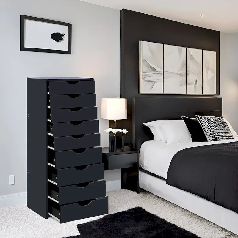 Étroite commode en bois à 9 tiroirs coulissants et étagère de rangement supérieure