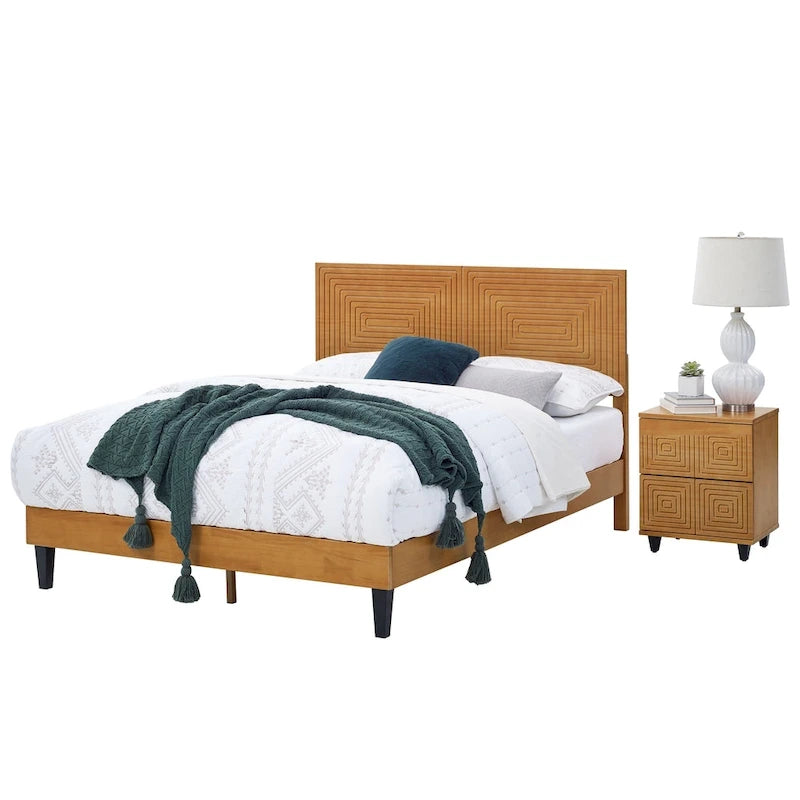 MUSEHOMEINC Lit plateforme en bois massif de style Mid-Century, cadre de lit avec tête de lit réglable en hauteur, pas besoin de sommier tapissier