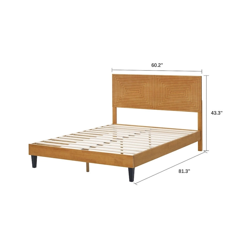 MUSEHOMEINC Lit plateforme en bois massif de style Mid-Century, cadre de lit avec tête de lit réglable en hauteur, pas besoin de sommier tapissier