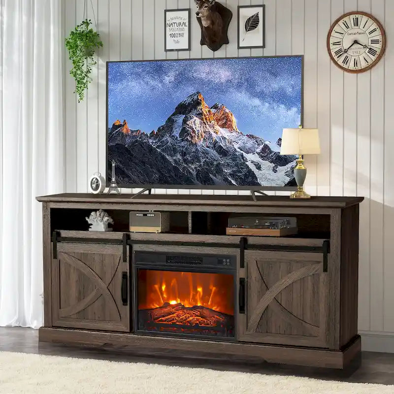 Meuble TV de console avec cheminée électrique 23" et portes coulissantes de grange 68" Farmhouse