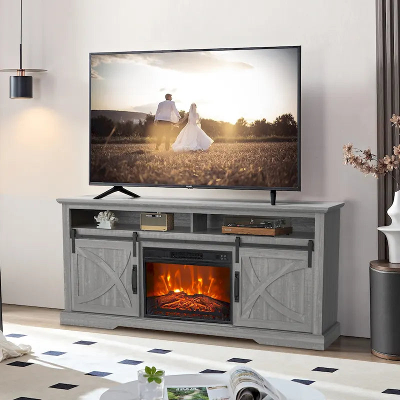Meuble TV de console avec cheminée électrique 23" et portes coulissantes de grange 68" Farmhouse