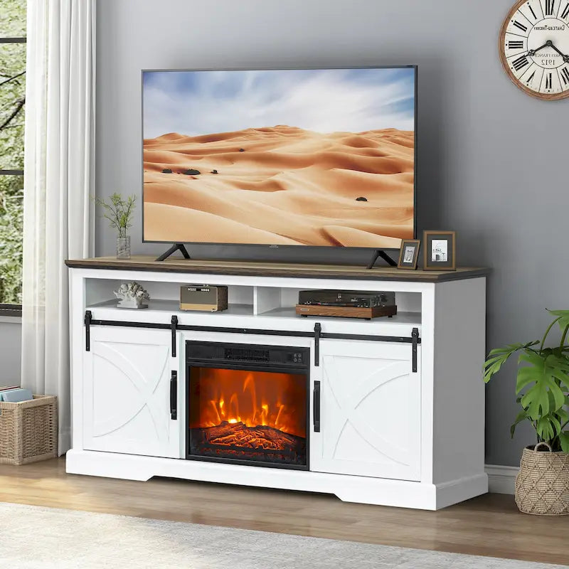 Meuble TV de console avec cheminée électrique 23" et portes coulissantes de grange 68" Farmhouse