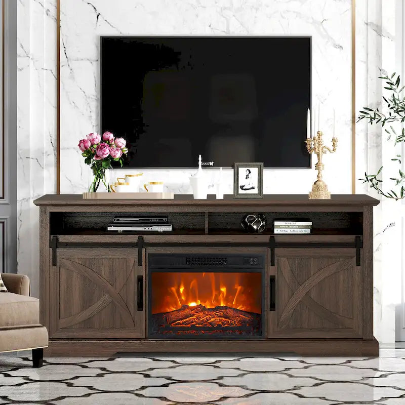 Meuble TV de console avec cheminée électrique 23" et portes coulissantes de grange 68" Farmhouse