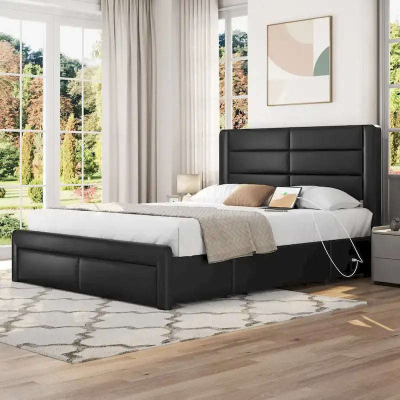 Cadre de lit tapissé Yaheetech avec 4 tiroirs de rangement et ports USB intégrés